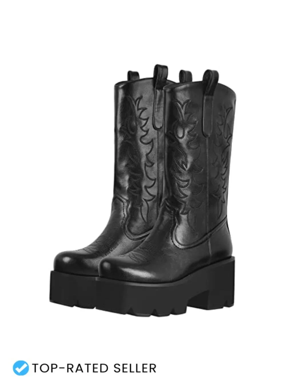 Vintage Embroidered Mid Calf Pull-On Boots for Women Chunky Heel